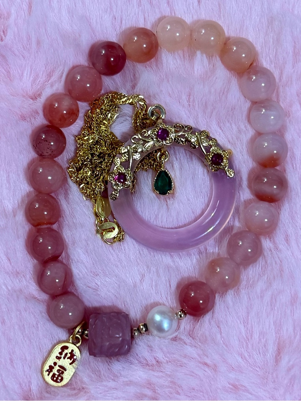 Elegant Gold and Pink Chalcedony Jade Pendant Necklace, Quartz Gemstone Bracelet